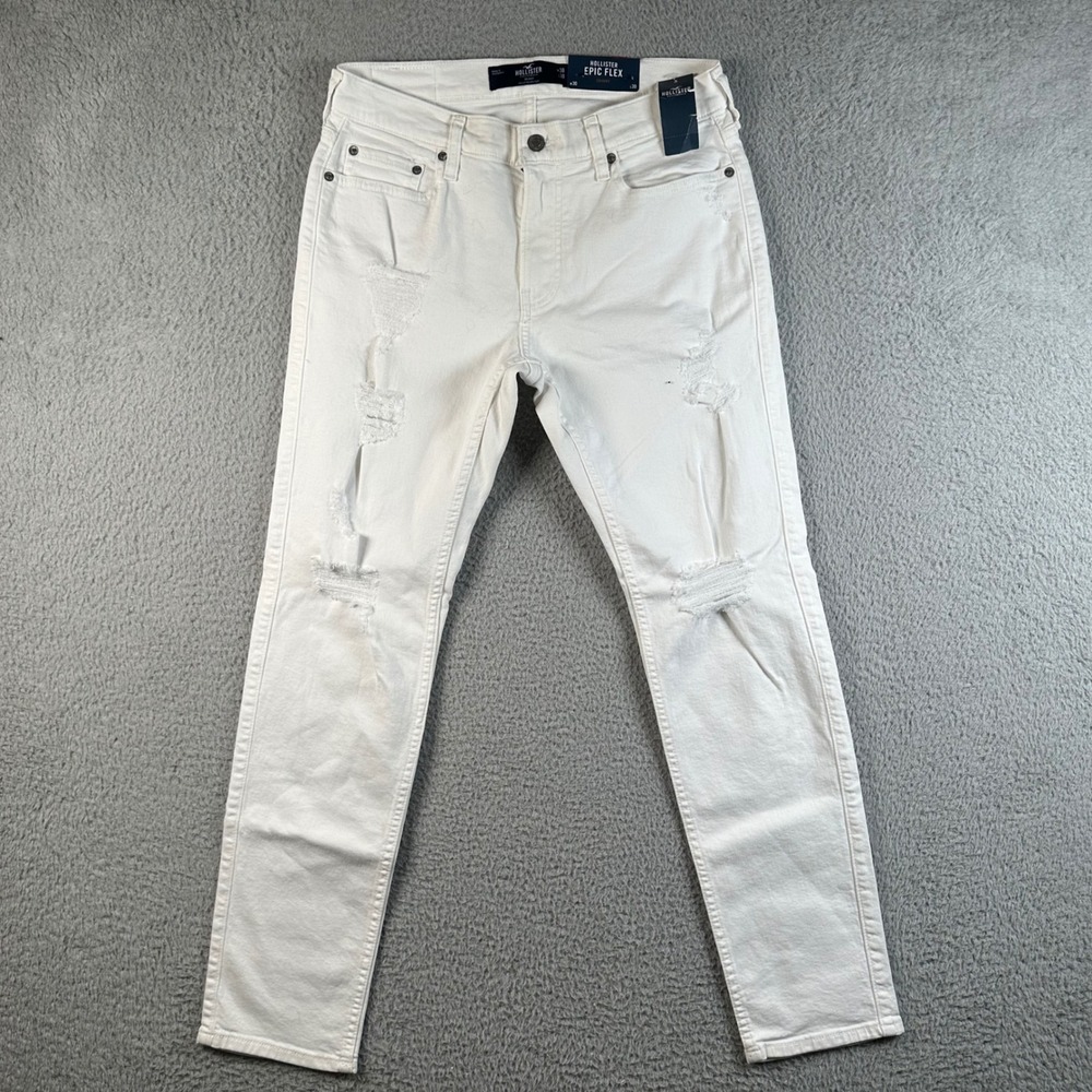 NWT Hollister Epic Flex Skinny Distressed White Jeans Mens 30x30 Ripped Denim